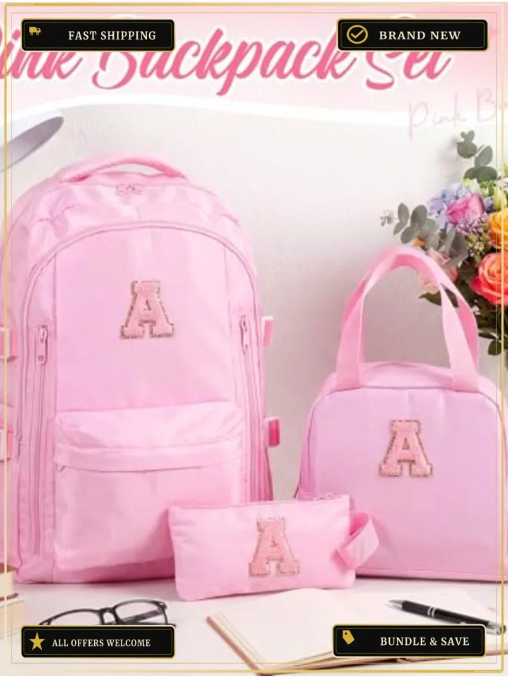 Monogrammed Initial Pink Backpack Set with Lunch Bag and Pencil Case, 3 Piece,